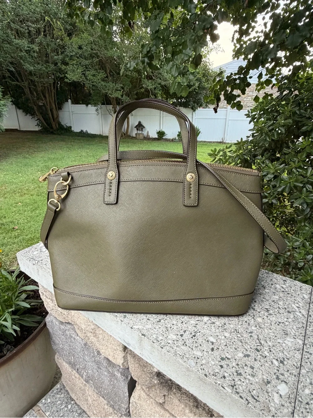 henri bendel Olive Saffiano Leather Satchel with Gold Hardware